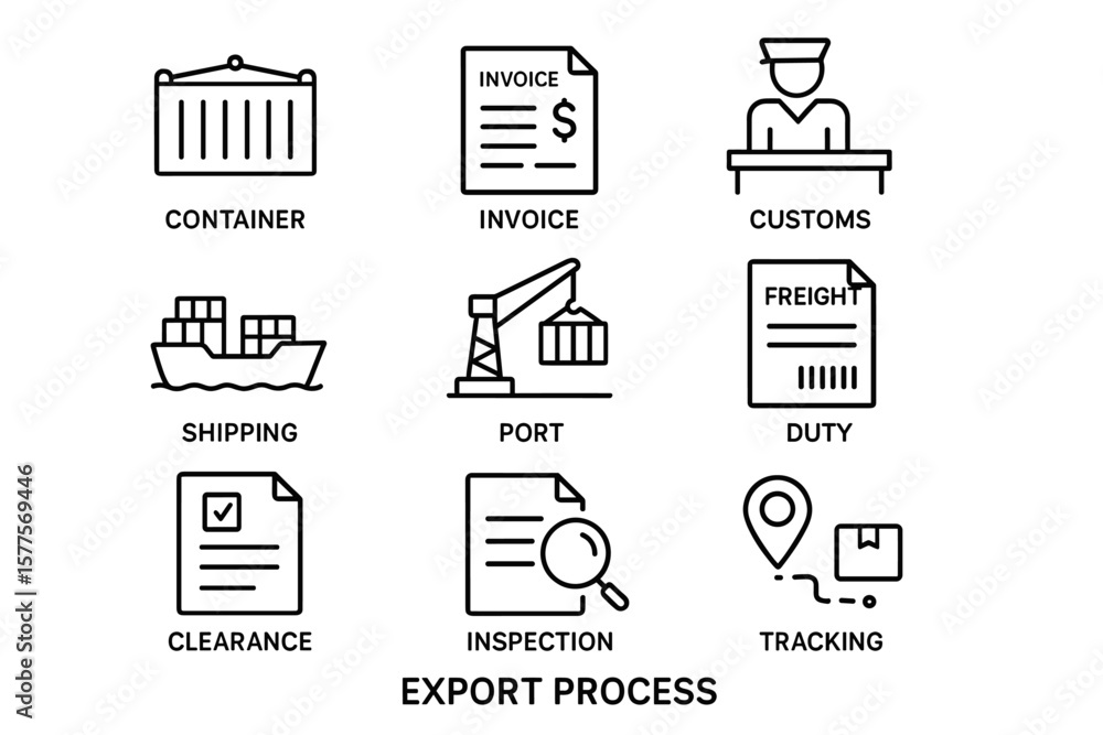 เวกเตอร์ Stock Export process icons: container, invoice, customs ...
