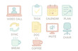 © Nataliia - Colorful office icons: video call, task, calendar, plan, sync, document, mute, chair, break, coffee