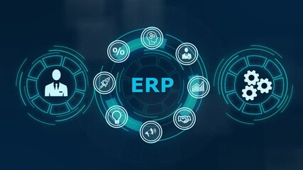 Business, Technology, Internet and network concept. Enterprise resource planning ERP concept ,Abstract technology symbols on a blue background.