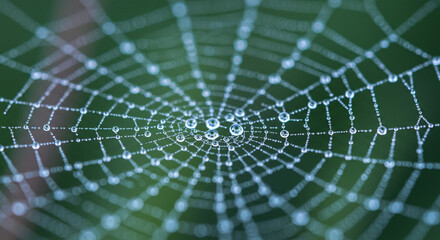 Close-up view of a delicate spiderweb glistening with water droplets, capturing the intricate design.