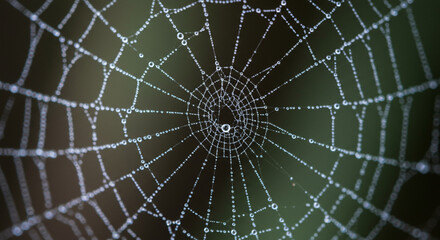 Close-up of a spiderweb glistening with dew drops against a blurred green background.