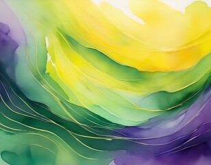Wall Mural - watercolor background with smooth brush strokes in layered green yellow and purple hues artistic