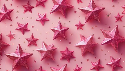 Wall Mural - seamless gift wrapping pattern pink color glitter stars against light pink background