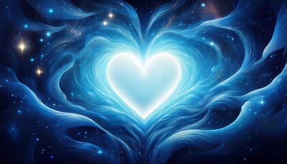 Wall Mural - a single white heart amidst a blue nebula shimmering lights space ethereal vortex