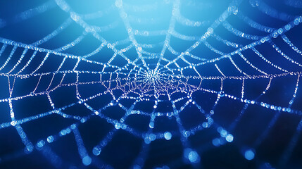 Dew-covered spider web glistens in the soft blue light, showcasing intricate natural patterns with delicate water droplets.