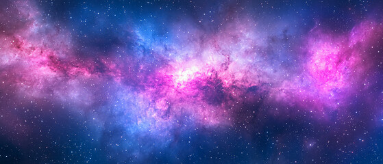 Wall Mural - A vibrant, colorful view of a star-filled galaxy with bright nebula clouds in shades of pink, purple, and blue stretched across the night sky.