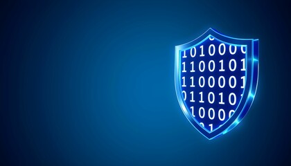 Digital shield with binary code on a blue gradient background, representing data security.
