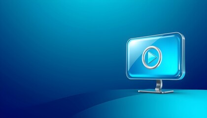 A glossy, stylized computer monitor with a play button on its screen, set against a gradient blue background.