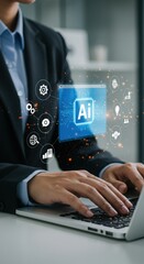 Business professional working on laptop with AI overlay. Futuristic tech workspace with digital icons. Innovative corporate environment with artificial intelligence.
