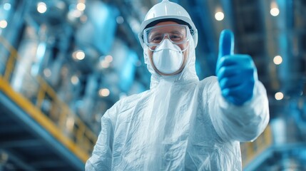 Wall Mural - Portrait full body of factory worker in protective equipment holding thumbs up in production hall. with copy space