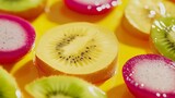 Tropical fruit slices on bright yellow surface, including papaya, kiwi, and dragon fruit, exotic vibe