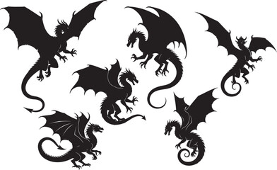  Collection of Silhouetted Dragons in Various Poses