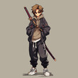 © Bay - Young anime character standing with a sword in casual streetwear
