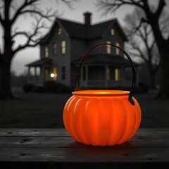 Wall Mural - halloween pumpkin in the garden, plastic pumpkin halloween candy bucket 