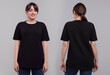 © New Africa - Woman in black t-shirt on grey background. Back and front view. Mockup for design