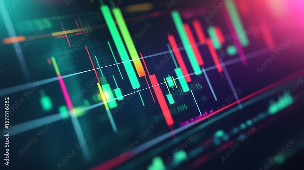 A close up view of a stock market chart with green and red bars on a ...