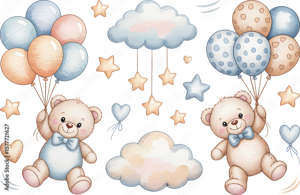 Watercolor teddy bear set with balloons, clouds and stars. Cute baby ...