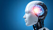 © photostockatinat - Artificial Intelligence Robot Portrait with glowing brain. A futuristic robot head with a digital brain graphic, symbolizing AI and advanced technology