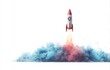 © muh - A small, retro-style rocket launches, leaving a trail of blue and pink smoke against a white background