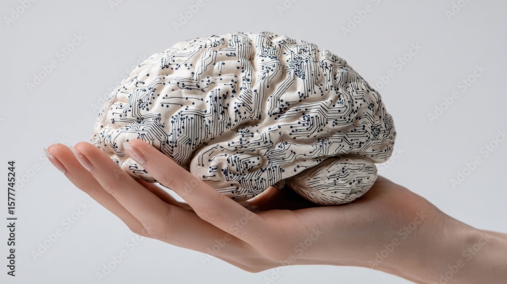 Hand Holding 3D Printed Model of Human Brain with Circuit Design Stock ...