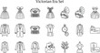 © john - Victorian Era line icon set. Vector pictograms of 19th-century, antique, dress, corset, typewriter, gramophone, pocket watch, tailcoat, letter with dry flowers, visit card thin linear illustration