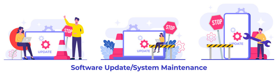 Wall Mural - system maintenance, error, fixing trouble, device updating, software system under maintenance vector