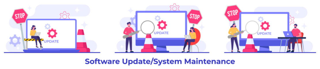 Wall Mural - system maintenance, error, fixing trouble, device updating, software system under maintenance vector