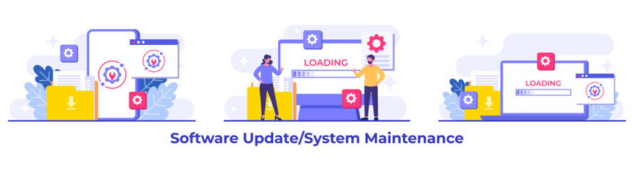 Wall Mural - system maintenance, error, fixing trouble, device updating, software system under maintenance vector