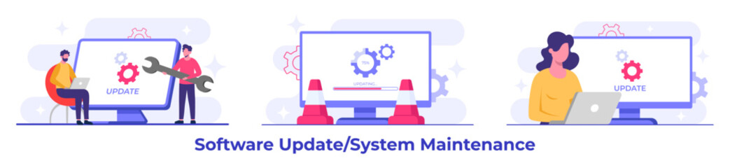 Wall Mural - system maintenance, error, fixing trouble, device updating, software system under maintenance vector