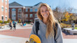 © valeo5 - A cheerful female student with long, wavy hair and a backpack smiles brightly while holding a skateboard on a university campus. Modern buildings suggests a dynamic and engaging academic environment