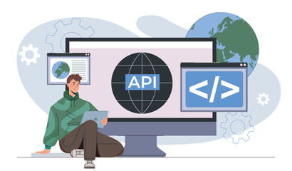 Developer using API coding interface. Vector illustration