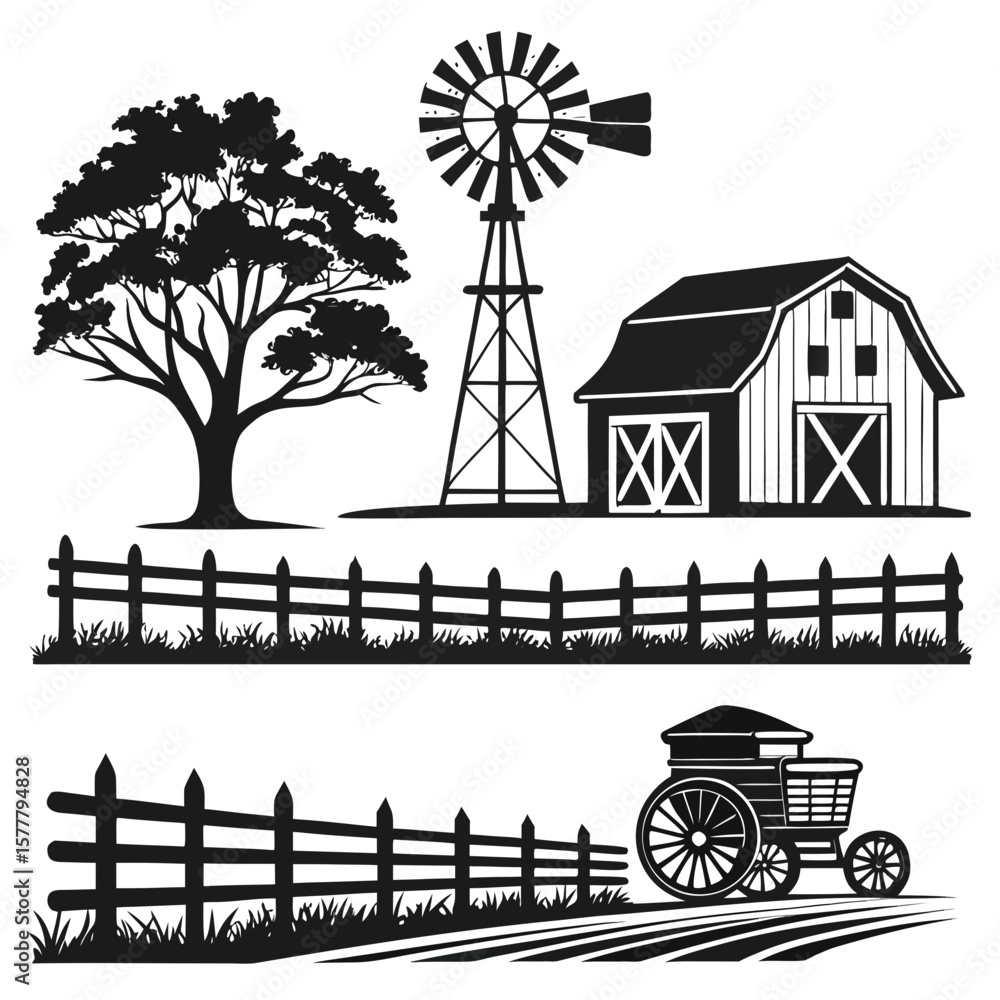 Rural farm scene with barn windmill tree fence and cart Stock Vector ...