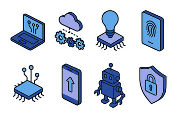 Wall Mural - Isometric tech icons: ai, security, and innovation in modern technology