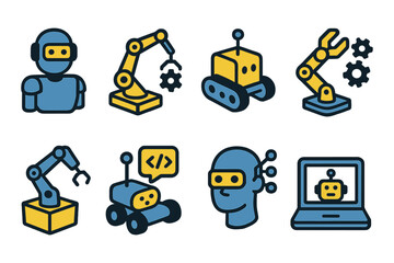 Wall Mural - Colorful robotics icons: robots, automation, ai technology in flat design