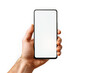 © Aklima - Hand holding smartphone with blank screen isolated on transparent background