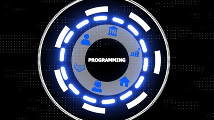 Animated programming concept with circular futuristic interface display on a black background