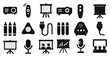 © Vector - Collection of black and white icons for various electronic devices, including a remote control, a projector, and a microphone