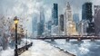 © MostSornaliSumaya - Watercolor Snowy Bridge and Buildings background,Generative Ai
