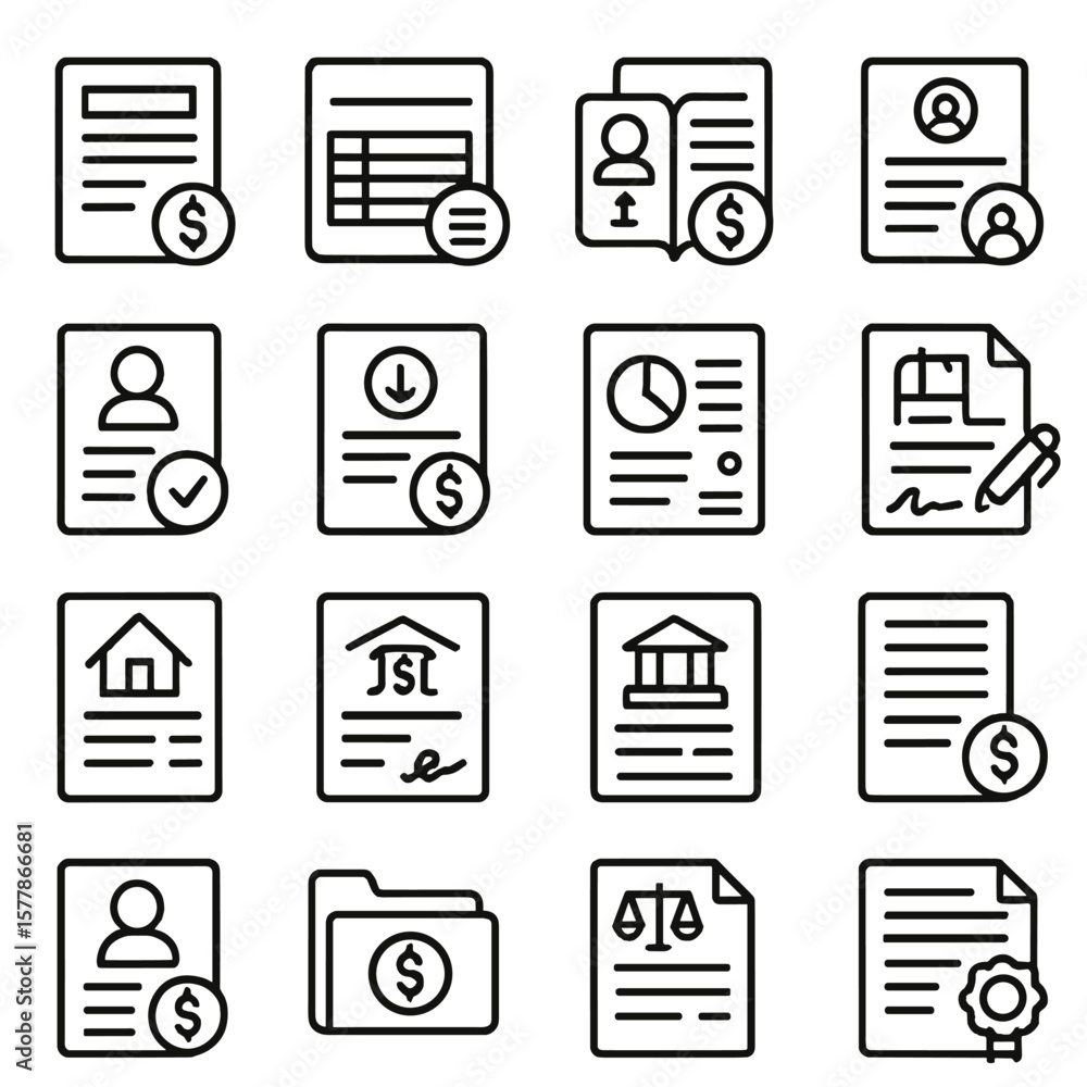 Financial Document Icons. Line style icons of financial documents: bank ...
