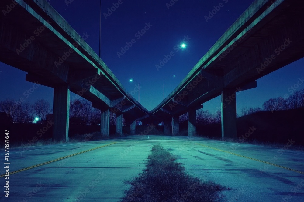 Overpass Signage Highway under low light at night with illuminated road signs and ...