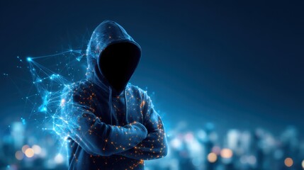 A faceless figure in a hoodie stands with crossed arms, surrounded by a digital network of glowing blue lines and orange nodes, symbolizing cyber technology and anonymity.