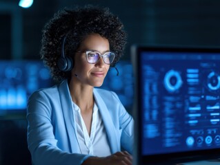 a professional woman with glasses and a headset works focused on a computer screen displaying data a