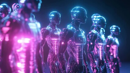 An array of futuristic humanoid robots glowing with vibrant neon lights. The captivating display showcases advanced technology and creativity in an imaginative environment
