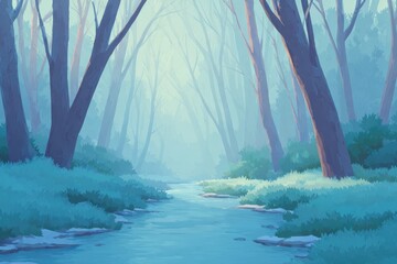 Wall Mural - cartoon swamp path with twisted trees and open water