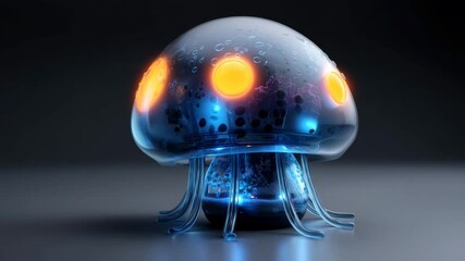 Wall Mural - a futuristic model of a jellyfish with a transparent dome that emits blue light, with yellow glowing
