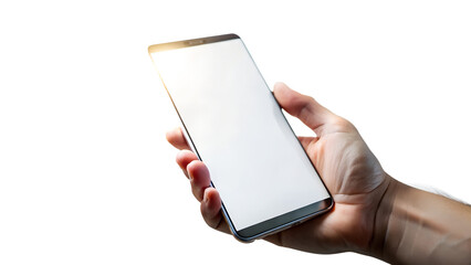A hand holds a modern smartphone with a blank white screen, ready for use isolated on transparent background
