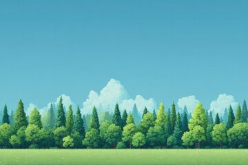 Wall Mural - flat vector forest edge with tall trees open grassy field and blue sky