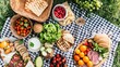 © Nurul - Colorful Picnic Spread with Fresh Fruits, Bread, and Cheese on Grass