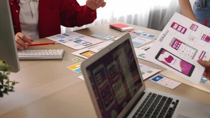 Wall Mural - panorama video of startup company employee planning on user interface prototype for mobile applicati