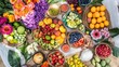 © Nurul - Colorful Spread of Fresh Fruits and Vibrant Flowers on Rustic Cloth